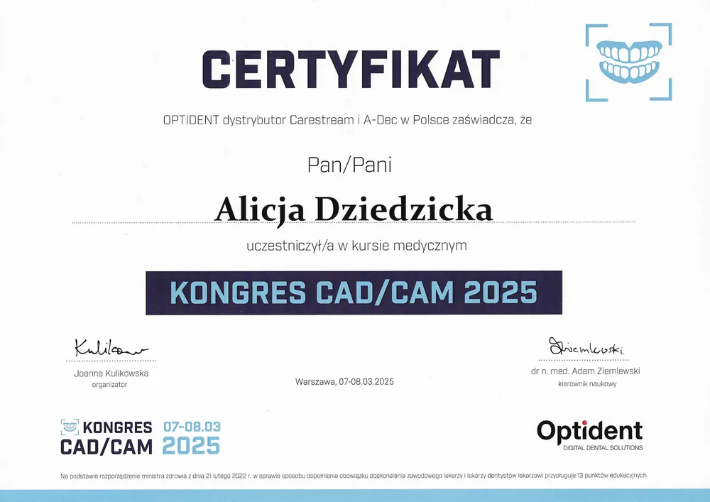 Certyfikat szkolenia CAD/CAM 2025