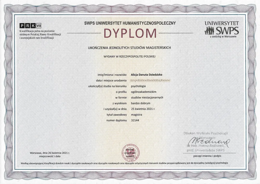 Dyplom magistra psychologii klinicznej — SWPS