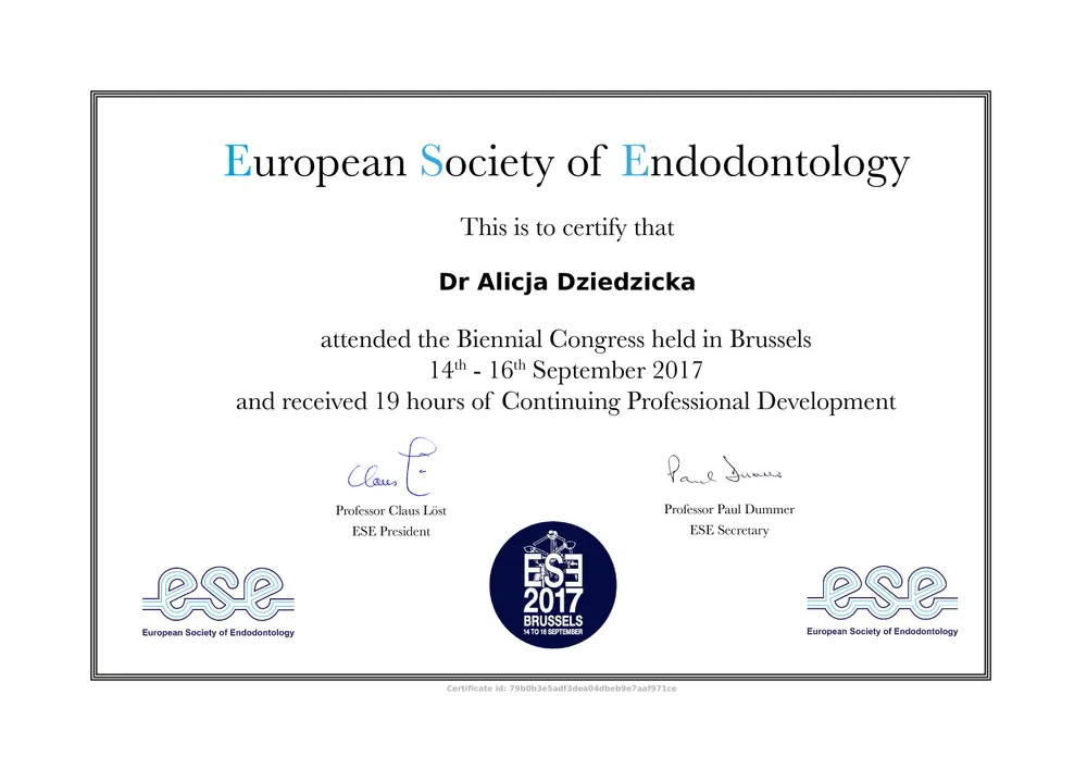 Certyfikat European Society of Endodontology 2017