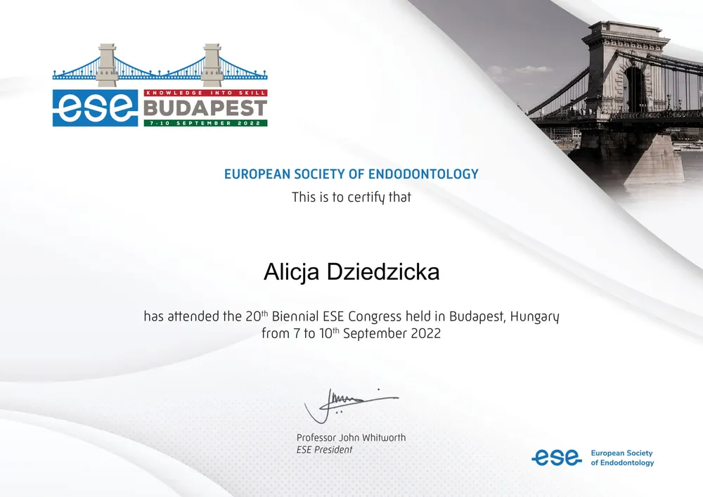 Certyfikat European Society of Endodontology 2022