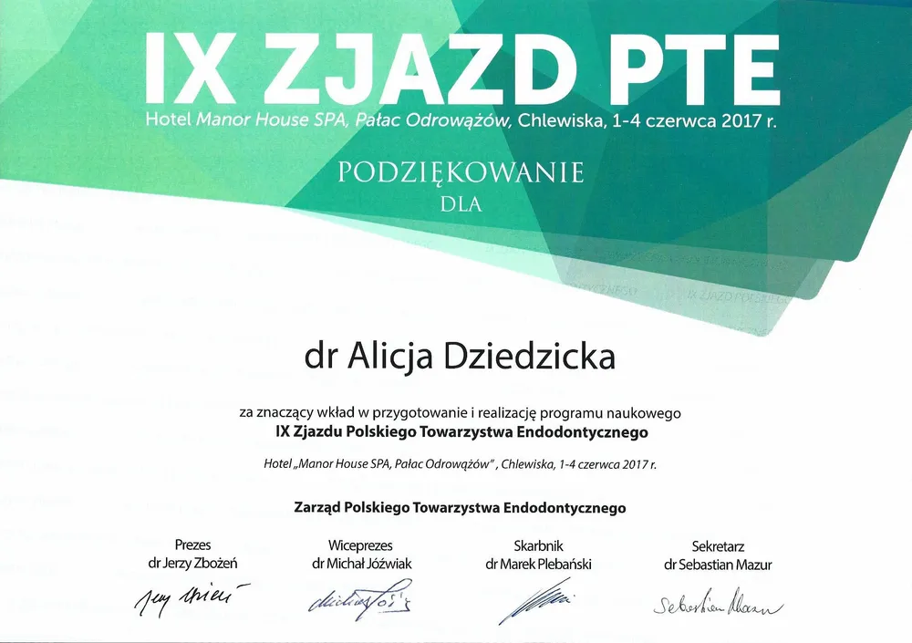 Certyfikat Polskiego Towarzystwa Endodontycznego 2017